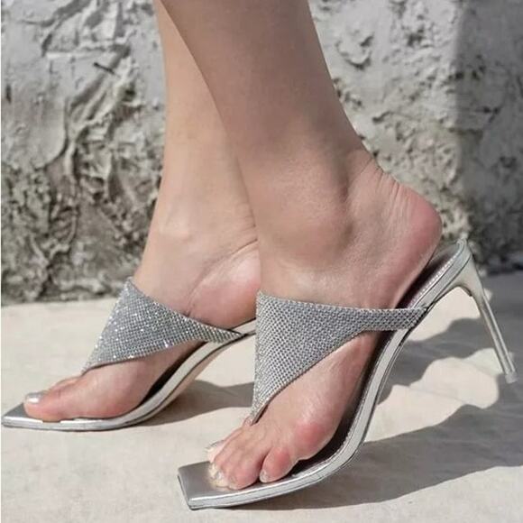 Cult Gaia Audrey Crystal Embellished Sandals Stiletto Heel Square Toe Clear Sz 6